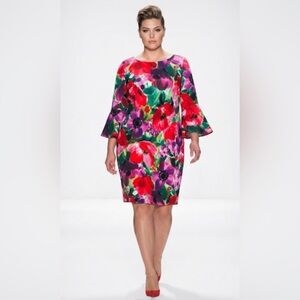 Floral Print Dress Red Purple Green Bell‎ Sleeve Career Party Cocktail